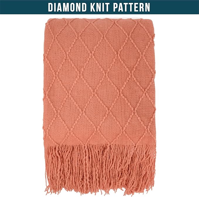 PAVILIA Coral Orange Knit Throw Blanket for Couch Bed, Soft Knitted Farmhouse Sofa Throw for Living Room, Lightweight Decorative Fall Throw Blanket for Chair, Outdoor Textured Boho Blanket, 50x60