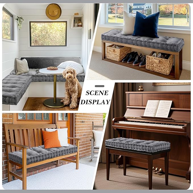 Bench Cushions for Indoor Furniture 48x18 in Velvet Kitchen Dining Piano Window Seat Cushion, Tufted Patio Porch Swing Thicken Bench Pad Memory Foam(Gray)