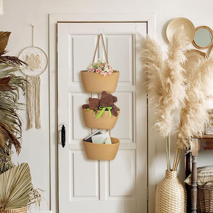 Xuhal Over The Door Hanging Basket Organizer Boho Woven Wall Baskets Storage 3 Tier Cotton Wall Mounted Decorative Bag Hanging Nursery Baskets for Books Flowers Toys Closet Living Room Bathroom