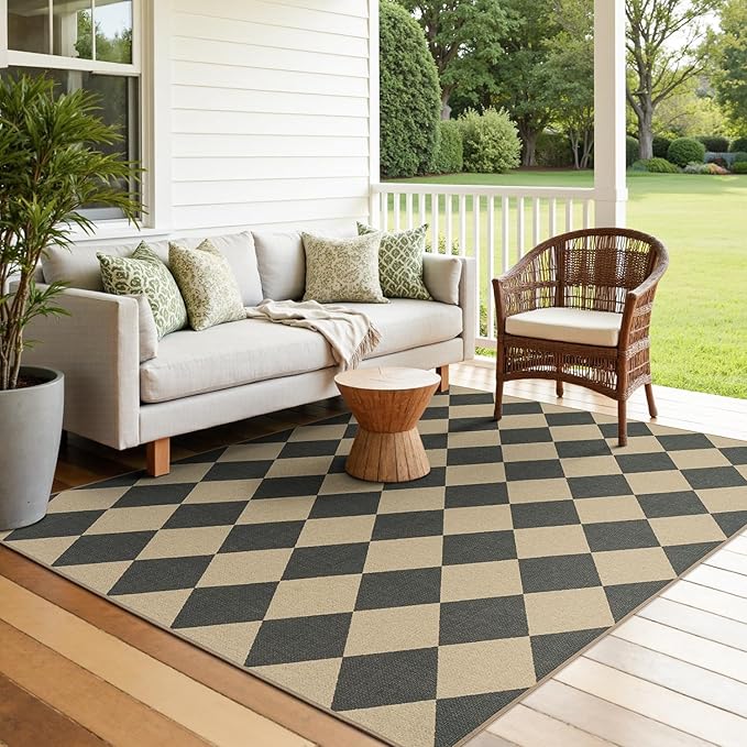 Lessymo Checkered Easy Jute 5x7 Area Rugs, Washable Patio Rug for Living Room Farmhouse Indoor Outdoor Carpet, Geometric Non Slip Black Carpet for Bedroom Backyard Dining Room, Diamond Black/Beige