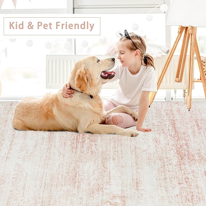 Washable Rugs 8x10 Area Rugs for Living Room,Rugs for Bedroom,Large Carpets,Ultra Soft Faux Wool Retro Dining Room Rug,Non Slip&Non-Shedding Low Pile Vintage Print Rug for Home Office-Pink White