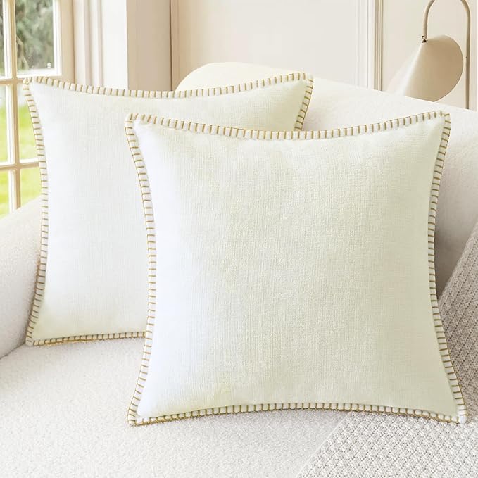 CaliTime Throw Pillow Covers Decorative 22 X 22 Inches Pack of 2 Cotton Thread Stitching Edges Solid Dyed Soft Chenille Cushion Cases for Couch Sofa Bed Living Room Farmhouse Cream