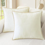 CaliTime Throw Pillow Covers Decorative 24 X 24 Inches Pack of 2 Cotton Thread Stitching Edges Solid Dyed Soft Chenille Cushion Cases for Couch Sofa Bed Living Room Farmhouse Cream