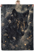 Mystical Black Wolf Flannel Blanket 60x80in,Enchanted Forest Floral Night Design,Soft Lightweight Throw for Wolf Lovers,Fantasy Fans,Wiccan Decor and Dark Aesthetic Rooms Gifts Blankets