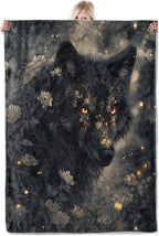 Mystical Black Wolf Flannel Blanket 60x80in,Enchanted Forest Floral Night Design,Soft Lightweight Throw for Wolf Lovers,Fantasy Fans,Wiccan Decor and Dark Aesthetic Rooms Gifts Blankets