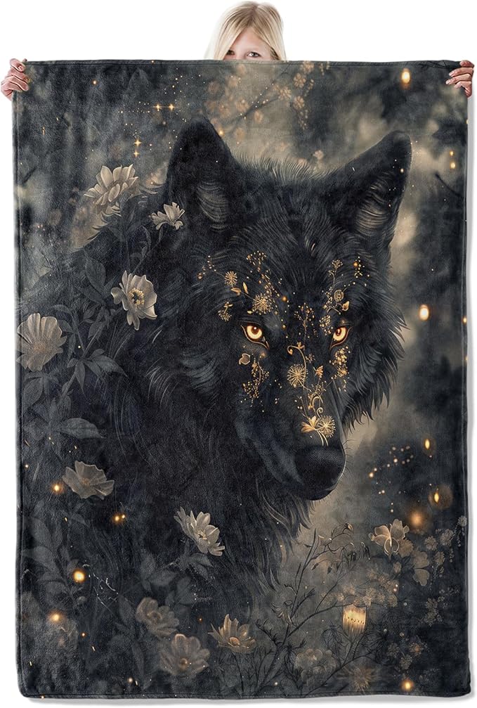 Mystical Black Wolf Flannel Blanket 60x80in,Enchanted Forest Floral Night Design,Soft Lightweight Throw for Wolf Lovers,Fantasy Fans,Wiccan Decor and Dark Aesthetic Rooms Gifts Blankets