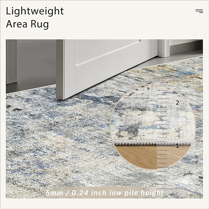 6x9 Abstract Area Rugs for Living Room 6 x 9 Washable Non Slip Low Pile Gray Rugs for Bedroom Dining Room Foldable Thin Blue Yellow