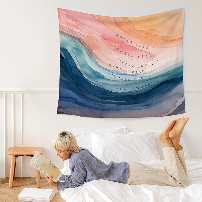 WARDOS Mental Health Tapestry, Inhale Exhale Mental Health Tapestry Wall Hanging, Abstract Watercolor Meditation Wall Blanket Decor for Therapist Counselor Calming Office, 50x60 Inch