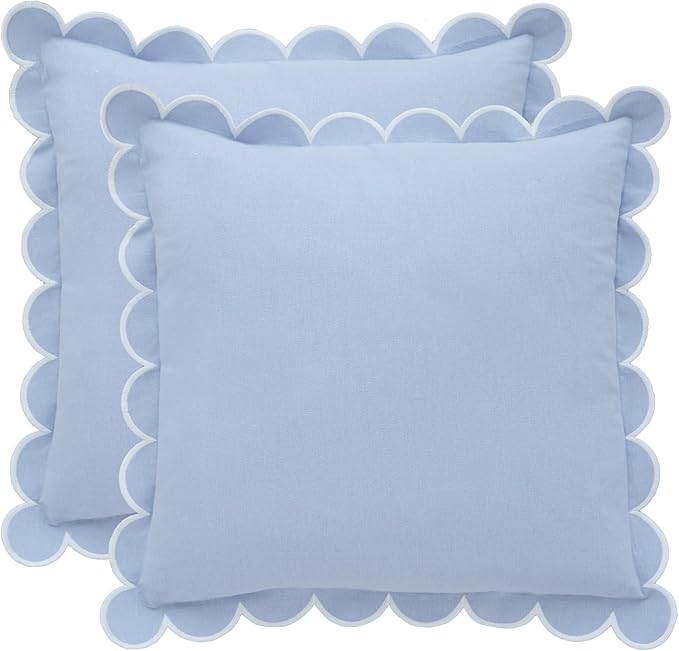 BEBE BASK Blue Scalloped Pillow Cover - Set of 2-18 x 18 Inch - Scallop Pillow Cover - Scalloped Pillows - Scallop Pillows - 100% Cotton - Grandmillennial Style (Sky Blue/White)