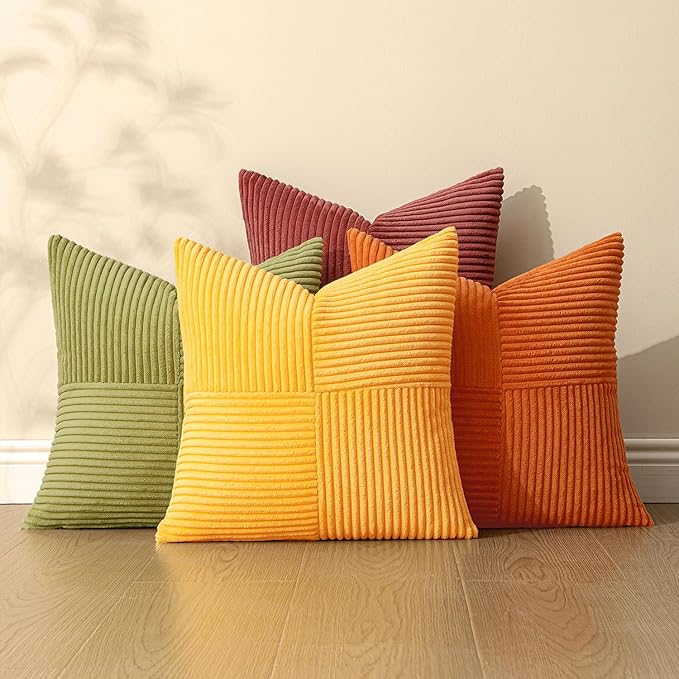 MIULEE Yellow Orange Rust Throw Pillow Covers 20x20 Inch 4 Packs Boho Farmhouse Decorative Color-Clash Pillow Cases Soft Cushion Cases for Couch Sofa Bed Corduroy Striped Home Decor