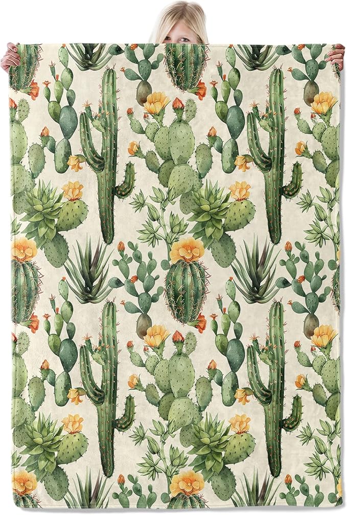 Cactus Desert Blanket 40×50 Inch,Realistic Watercolor Succulent Lightweight Flannel Throw with Floral Southwestern,Boho Botanical Home Decor,Gifts for Girls,Women