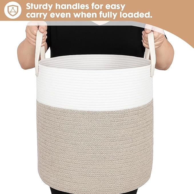 ShellKingdom Laundry Basket, Large Natural Rope Woven Storage Basket with Handles for Home, Living Room, Laundry, Storage Organizer for Blankets, Clothes, Toys, 19.7 x 14.96 INCH (2-Toned White Khaki)