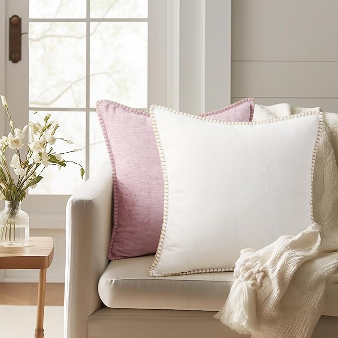 decorUhome Summer Chenille Soft Cozy Throw Pillow Covers 16x16 Set of 2, Modern Farmhouse Boho Velvet Decorative Pillow Cases with Stitched Edge for Couch Sofa Bed Home Decor, Cream White