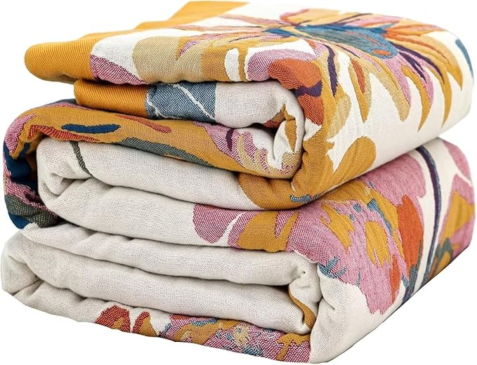 Boho Throw Blanket Farmhouse Decor Throw Blanket Bohemian Blanket for Bed 100% Cotton Muslin Woven Couch Blanket All Seasons Quilt Bedroom (Yellow, 60"x80")