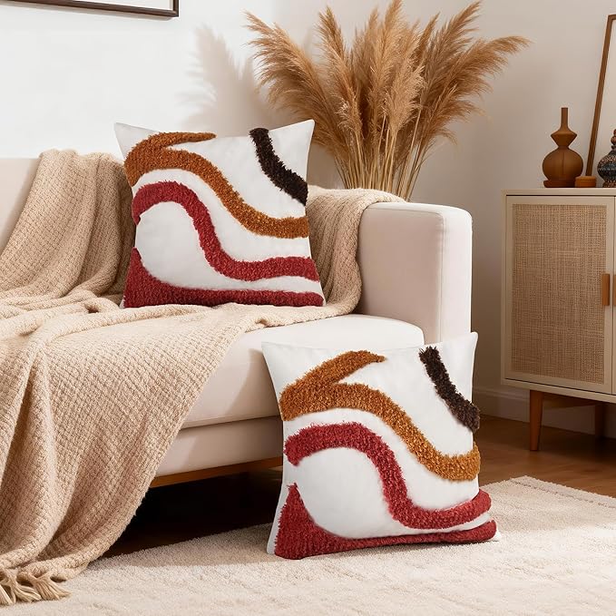 Boho Throw Pillow Covers 18x18 Inch Set of 1, Tufted Abstract Decorative Pillow Cover Mid Century Modern Pillow Cases Bohemian Cushion for Couch Sofa Bed Living Room Home Decor, Orange-red