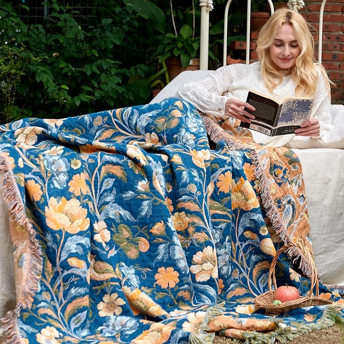 Boho Throw Blanket 50"x60" 100% Cotton Floral Couch Blanket with Flower Bird,ReversibleSoft Breathable Lightweight Spring Decorative Blankets with Fringe for Sofa Chair Bed Decor All Season