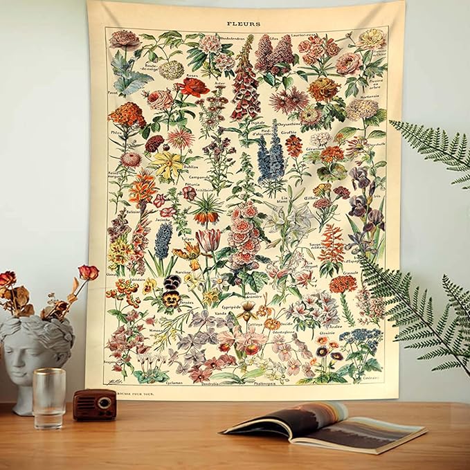 Vintage Flowers Tapestry 59”x51”, Long Vertical Wall Hanging Reference Illustrative Botanical Tapestries for Bedroom Aesthetic Floral Tapistry Botanical Plants Tapestry Wall Hanging Cute Bedroom Decor