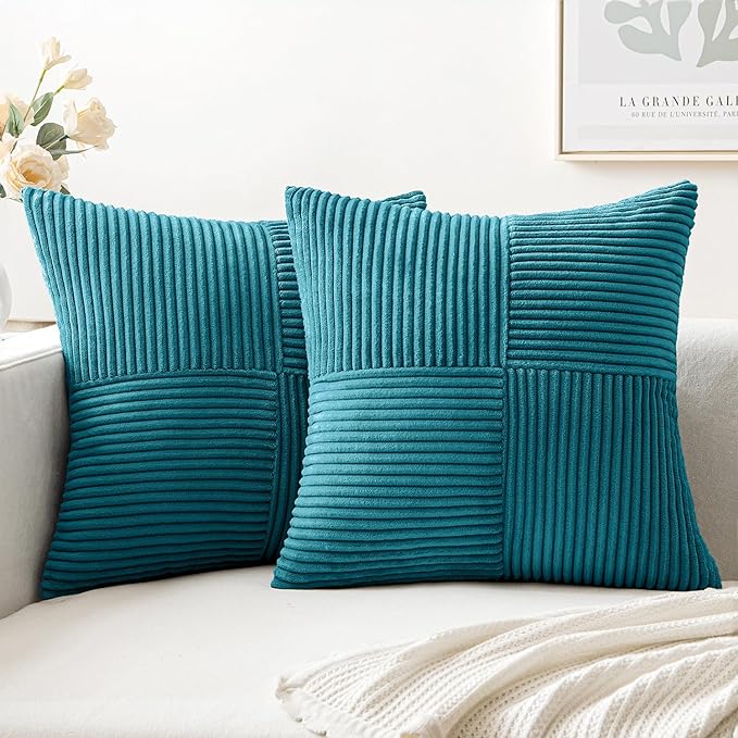 MIULEE Teal Decorative Euro Sham Pillow Covers 24x24 Inch for Bed Couch Sofa Pack of 2 Boho Farmhouse Throw Pillows Soft Cross Corduroy Patchwork Textured Cushion Cases
