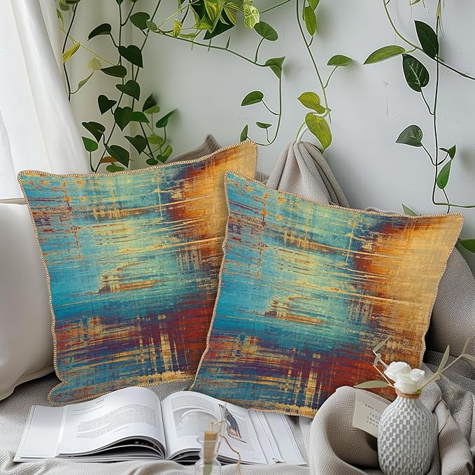 KSLIDS Vintage Abstract Soft Velvet Throw Pillow Covers Set of 2 Blue Orange Messy Rust Painting Decorative Pillow Covers 16x16 Inch Colorful Art Pillow Case for Sofa Couch Living Room Home Decor