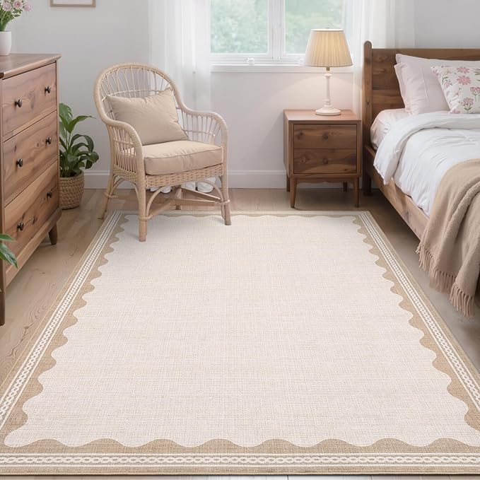 GarveeHome Scalloped Washable Rugs 5x7 Rug for Living Room, 5 x 7 Rug Solid Beige Modern Low-Pile Carpet for Bedroom Dining Nursery Non Slip Mat with Rubber Back