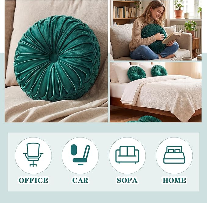 Round Throw Pillows Decorative Pleated Throw Pillows 15'' Diameter Accent Pumpkin Boho Chair Cushion for Couch Sofa Home Decoration(Green,1 Pcs)