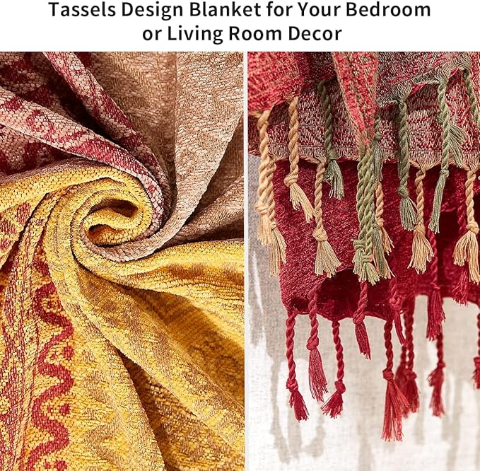 amorus Bohemian Throw Blankets Chenille Jacquard Tassels Soft Chair Cover for Bed Couch Decorative Sofa Throw Blankets - Colorful Tribal Pattern (Red, 60x75 Inches)