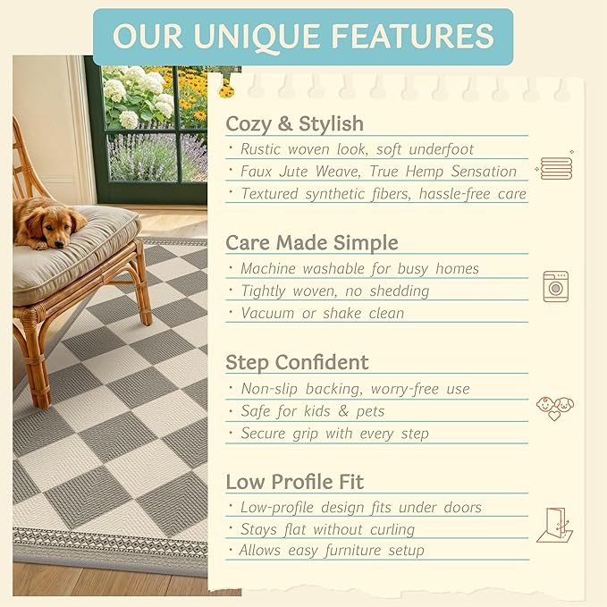 Gray and Cream Checkered Easy Jute 3x5 Outside Area Rug Outdoor Porch Decor, Entryway Rugs Indoor Diamond Geometric Pattern Mat, Patio, Backyard or Entry, Boho Farmhouse Style Washable Non Skid Mat