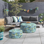Inflatable Ottoman Stool D31 xH14 for Outdoor/Indoor Use, Water Repellent Patio Foot Rest with Portable Handle,Round Pouf Ottoman Suitable for Garden,Deck and Camping - Paisley Lapis Green