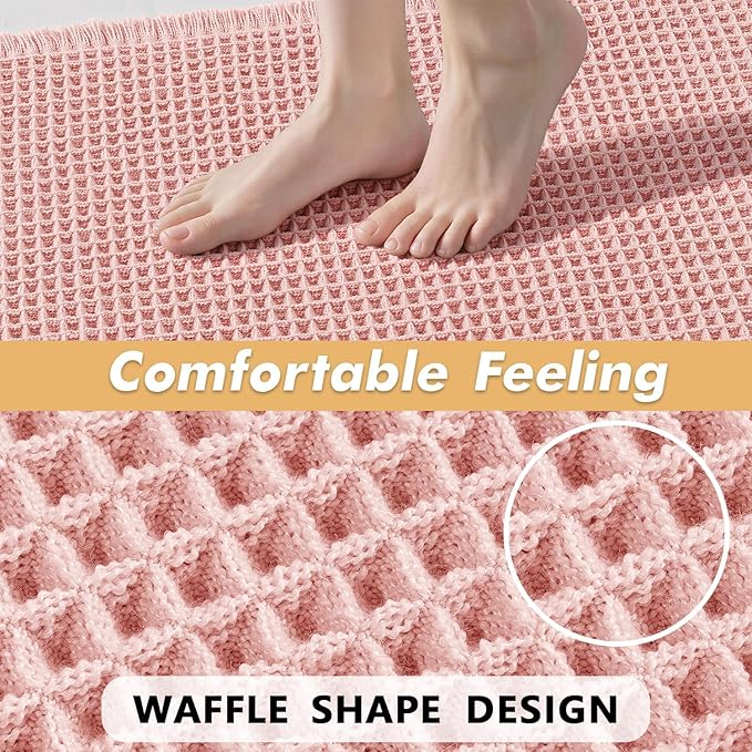MIULEE Set of 2 Waffle Bathroom Rugs, Boho Bath Rugs Non Slip Washable, Super Absorbent Bath Mats, Ultra Soft Rubber Backed Shower Mats for Bathroom Floor, Tub and Shower, Pink, 18x30 Inch