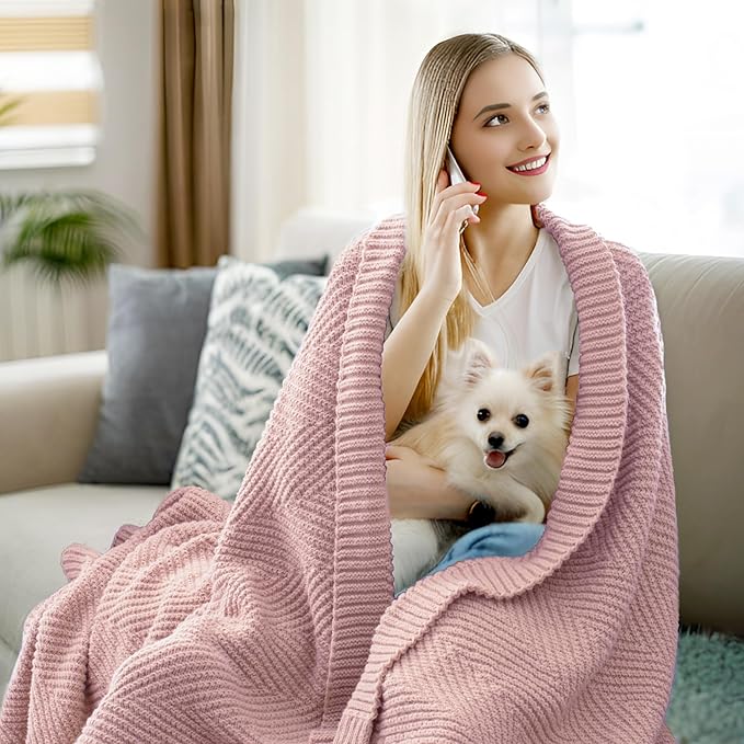 Knitted Throw Blanket 60"X80", Dusty Pink Knit Throws for Bed, Super Soft Boho Chevron Blankets for Couch Sofa Chair Room Decor, Textured Decorative Farmhouse Cozy Lightweight