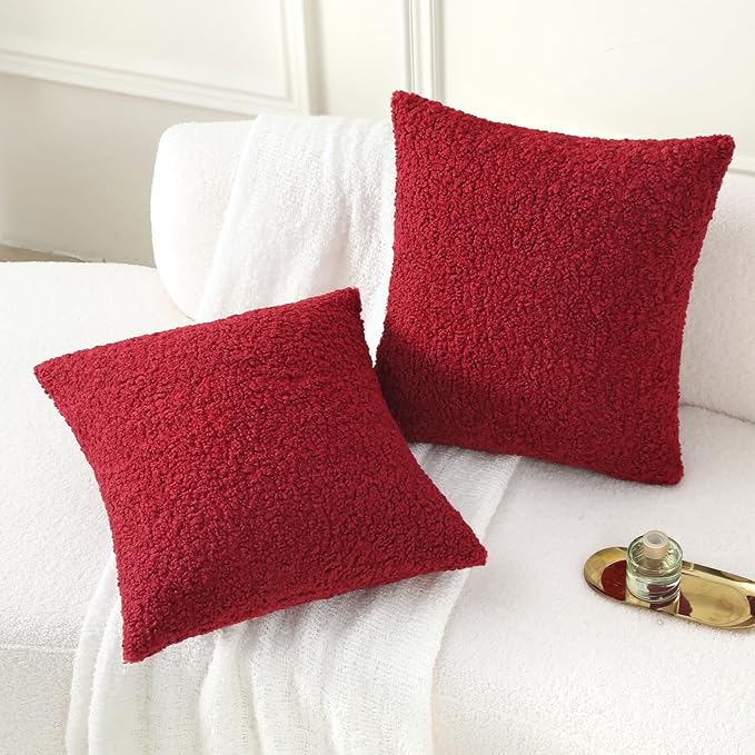FUTEI Maroon Throw Pillow Covers 22x22 Inch Set of 2,Furry Faux Fur Teddy Boucle Textured Cushion Covers,Soft Fluffy Decorative Pillow Case,Home Decor for Couch Bed Living Room Office Car