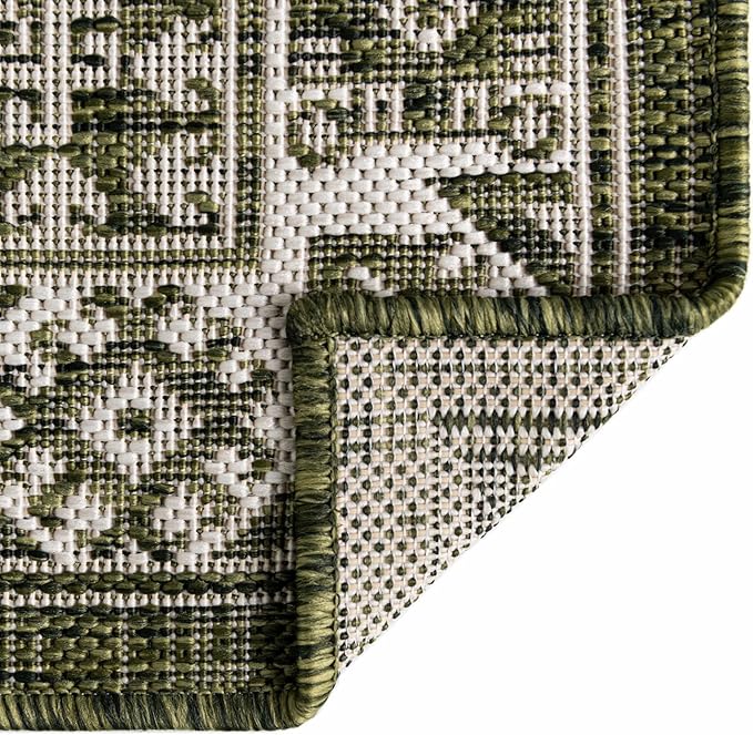 Rugs.com Outdoor Aztec Collection Rug – 13 Ft Square Green Flatweave-Pile Rug Perfect for Living Rooms, Kitchens, Entryways