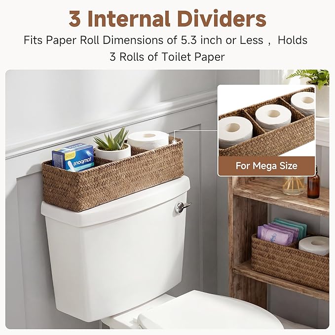 StorageWorks Toilet Paper Basket for Back of Toliet， Bathroom Basket with 3 Enlarged Compartments, Seagrass Toilet Paper Storage Baskets, 16½"x 5½"x 5½", Brown, 2-Pack