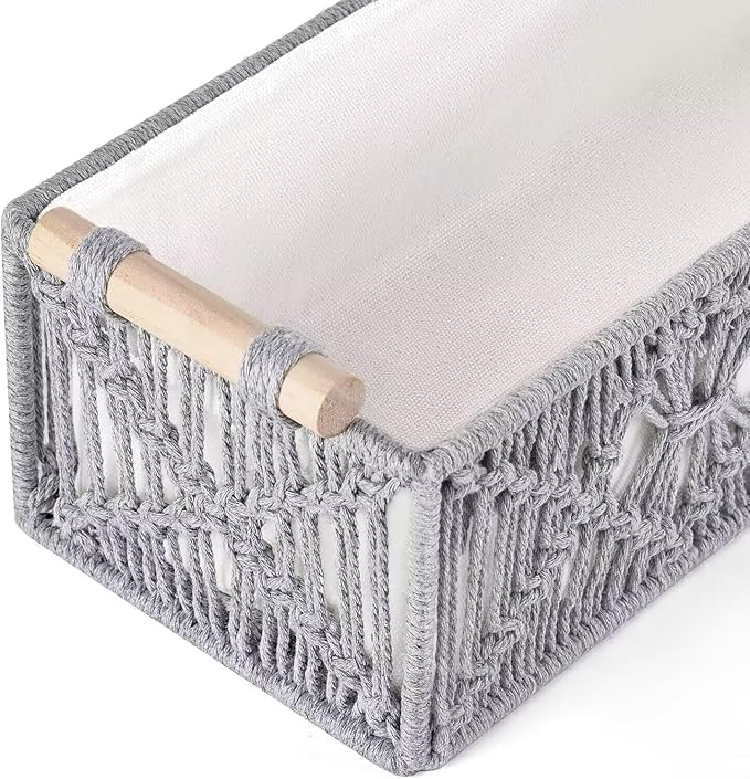 Macrame Storage Basket Boho Decor Baskets for Organizing Woven Decorative Basket for Countertop Toilet Paper Basket Toilet Tank Top Shelf Basket with Handle Bathroom Decor Nursery Gray