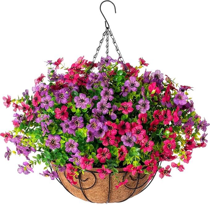 HyeFlora Artificial Faux Hanging Plants Flowers Basket for Spring Summer Outdoor Outside Decoration, Fake Silk Colorful Daisy Eucalyptus in Planter UV Resistant Realistic for Porch Patio Balcony Yard
