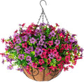 HyeFlora Artificial Faux Hanging Plants Flowers Basket for Spring Summer Outdoor Outside Decoration, Fake Silk Colorful Daisy Eucalyptus in Planter UV Resistant Realistic for Porch Patio Balcony Yard