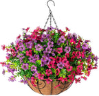HyeFlora Artificial Faux Hanging Plants Flowers Basket for Spring Summer Outdoor Outside Decoration, Fake Silk Colorful Daisy Eucalyptus in Planter UV Resistant Realistic for Porch Patio Balcony Yard