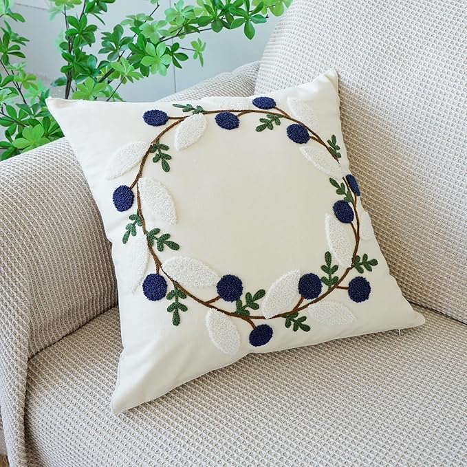 vctops Floral Embroidered Pillow Covers 18x18 Inch Spring Summer Cotton Tufted Throw Pillow Cover Outdoor Garden Cushion Case for Sofa, Bed, Living Room (Flower A,18"x18")