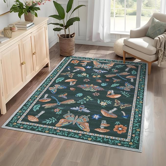 Mushroom 3x5 Rug Washable Non-Slip Small Indoor Rugs for Entryway with Rubber Back Soft Low-Pile Stain Resistant Foldable Carpet for Kitchen Bedroom Living Room Mat Black