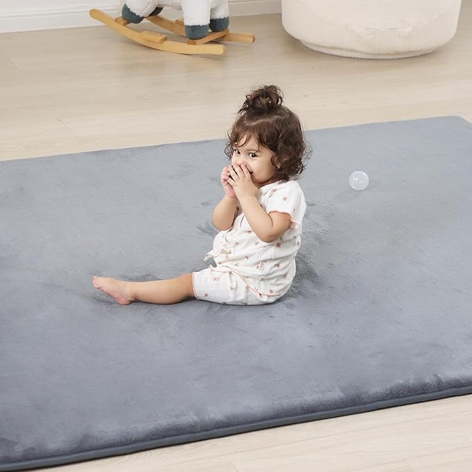 1.3" Thick Baby Bedside Floor Mat for Bedroom, Basic Padded Foam Soft Plush 28x72 Runner Rug with Non Slip Cushioned for Nursery Playroom (Light Grey)