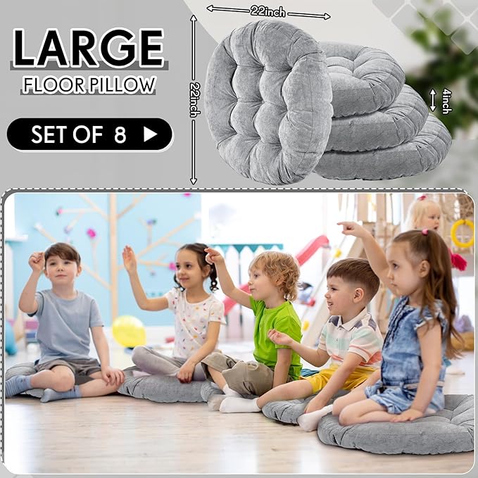 Jerify Floor Pillow Cushions Large Round Square Large Meditation Floor Pillow for Classroom Adult Meditation Picnic Party Seating Learning Daycare School(Round,Light Gray,8 Pcs)