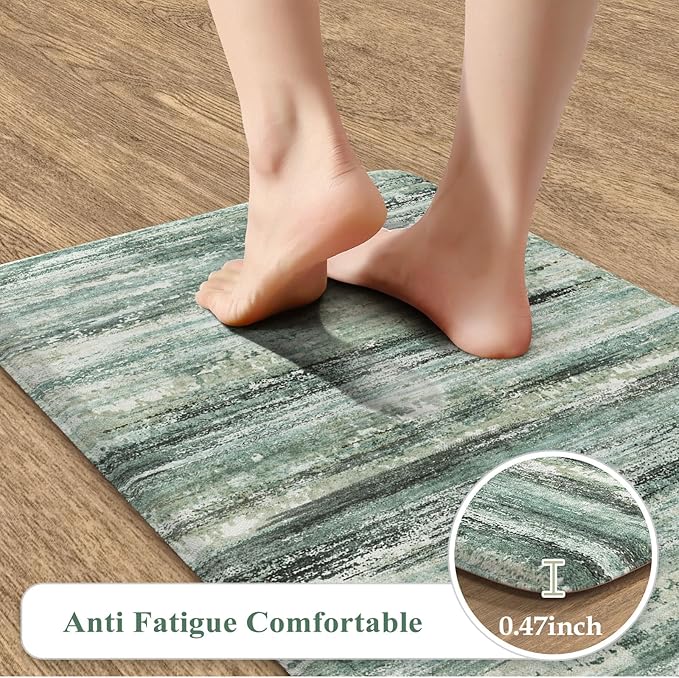KIMODE Kitchen Mats Cushioned Anti Fatigue, Abstract Kitchen Rugs Sets of 2, Non Slip Kitchen Mats for Floor, Padded Kitchen Floor Mats for Sink Laundry Office Desk Green Multi 17"x47"+17"x29"