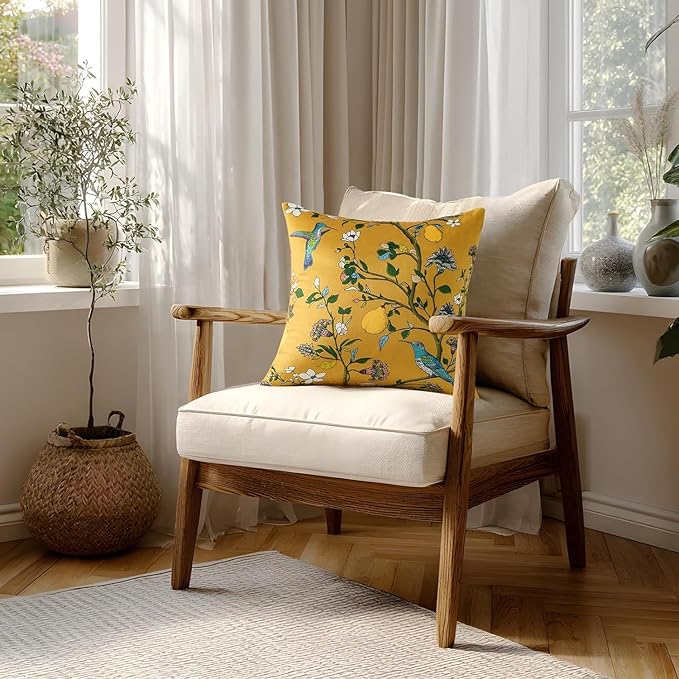 Mustard Yellow Velvet Throw Pillow Covers 16x16 Pack of 2, Vintage Floral Pillow Covers, Mid Century Flower Plant Cushion Covers for Sofa Living Room Home Decor