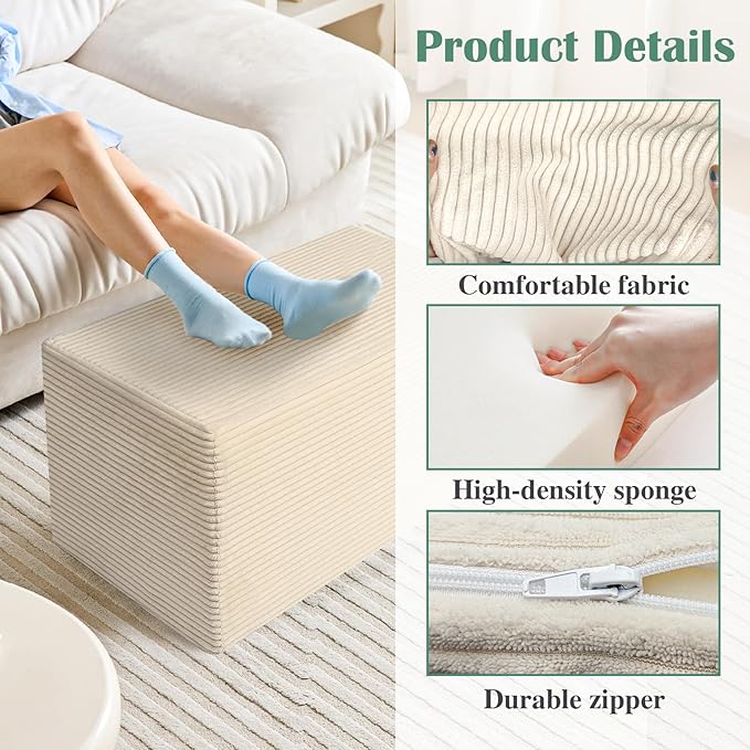 Rectangular Pouf Ottoman, Stuffed Floor Pouf with Foam Chunk Filling, Soft Coral Fleece Furry Foot Rest Stool, Multi-Use Ottoman for Living Room, Wide Stripe Boho Decor, Beige