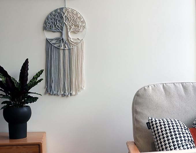 GUKALYLY Tree of Life Macrame Wall Hanging,Chic Handmade Woven Boho Home Décor,Eclectic Wall Decor for Bedroom Nursery Apartment Dorm Decoration,Gift for Teen Girl Mom(13" W X 31.5" L) (Grey&White)
