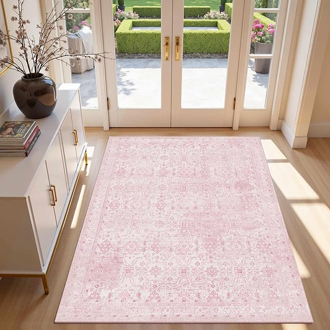 3x5 Rug for Entryway Bedroom, Pink 3x5 Washable Area Rug, Vintage Retro Boho Throw Rug, Non Slip & Low Pile Small Carpet for Indoor Entry, Kitchen, Bedside, Living Room, Bathroom and Dining