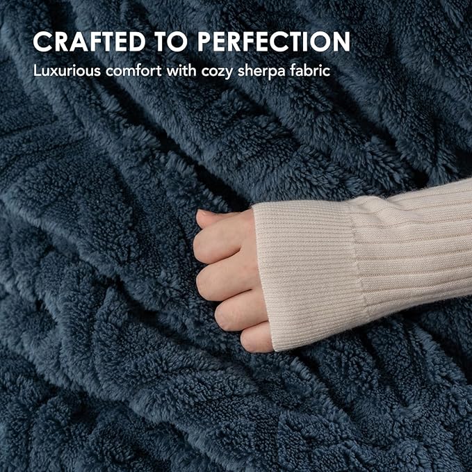 EverGrace Jacquard Boho Sherpa Fleece Throw Blanket for Couch, Super Soft Cozy Fuzzy Plush Blankets for All Seasons, Reversible Thick Warm Blanket for Bed, Sofa, Living Room, Stormy Blue, 50" x 60"