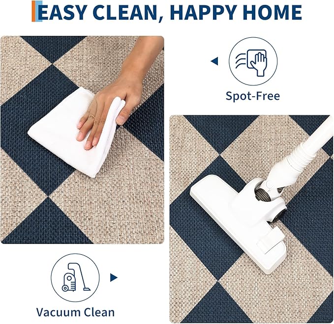 GarveeHome Easy Jute Area Rugs 6x9 for Living Room Non-Slip Backing Checkered Rugs Machine Washable Modern Indoor Outdoor Carpets for Dining Room Nursery Patio Bedroom Backyard Camping Navy Blue