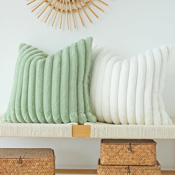 JOJUSIS Pack of 2 Faux Fur Plush Decorative Throw Pillow Covers Couch Cushion Case Soft Pillowcases (Sage Green, 22 x 22-Inch)