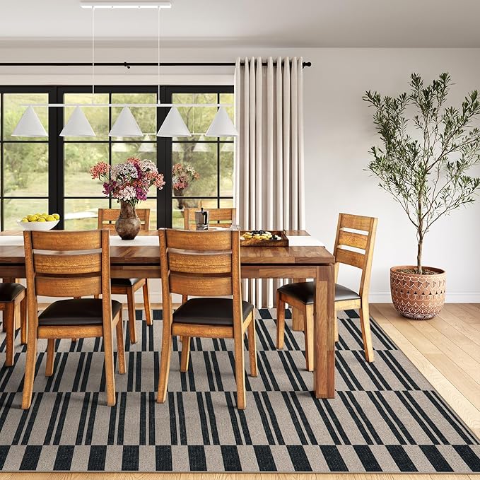 Lahome Elance Striped Easy Jute Rug, 5x7 Outdoor Patio Rug Neutral Dining Room Rug Indoor Outdoor Carpet, Farmhouse Washable Non Slip Black Carpet for Backyard Living Room Office Deck